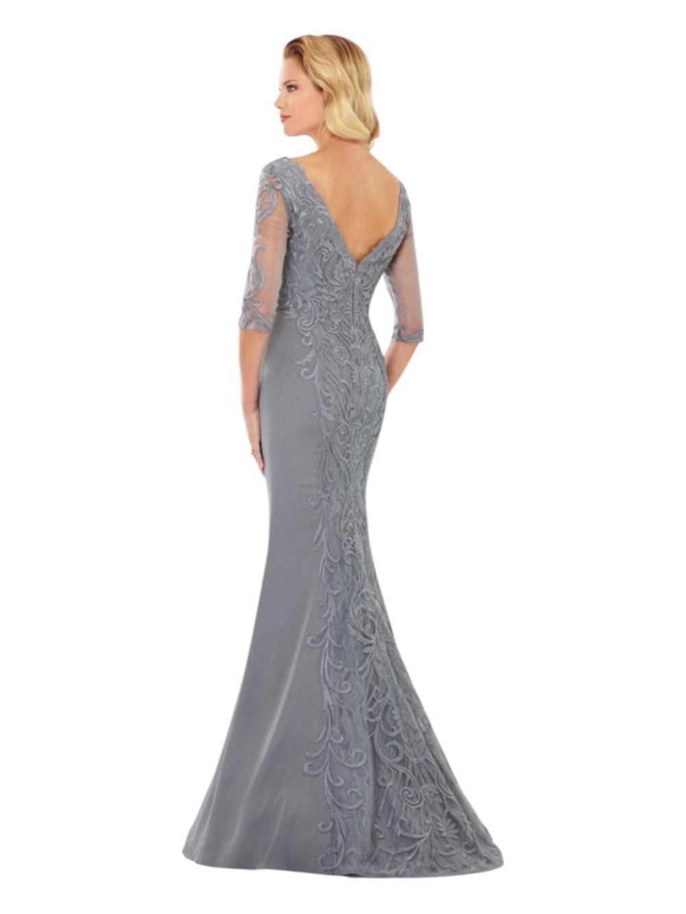 Montage by Mon Cheri Silver-Gray Lace Embroidered V-Back Gown
